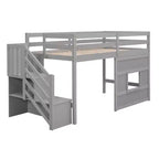 Lit mezzanine bas double avec escalier de rangement et fenêtre, cadre de lit mezzanine double en bois avec espace sous le lit pour enfants et adolescents
