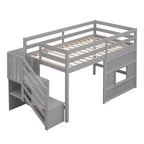 Lit mezzanine bas double avec escalier de rangement et fenêtre, cadre de lit mezzanine double en bois avec espace sous le lit pour enfants et adolescents