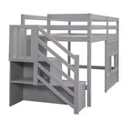 Lit mezzanine bas double avec escalier de rangement et fenêtre, cadre de lit mezzanine double en bois avec espace sous le lit pour enfants et adolescents