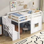Lit mezzanine bas double avec escalier de rangement et fenêtre, cadre de lit mezzanine double en bois avec espace sous le lit pour enfants et adolescents