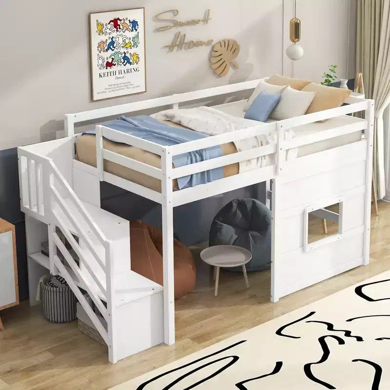 Lit mezzanine bas double avec escalier de rangement et fenêtre, cadre de lit mezzanine double en bois avec espace sous le lit pour enfants et adolescents