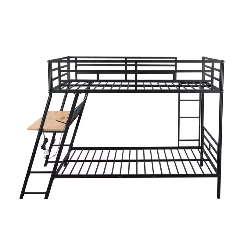 Lit superposé en métal double de taille normale avec bureau, lit superposé en métal robuste double avec lumière et 2 tiroirs, noir