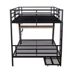 Lit superposé en métal double de taille normale avec bureau, lit superposé en métal robuste double avec lumière et 2 tiroirs, noir