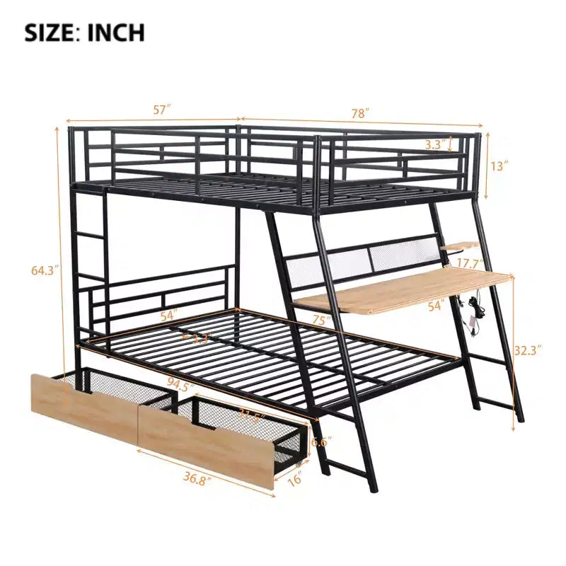 Lit superposé en métal double de taille normale avec bureau, lit superposé en métal robuste double avec lumière et 2 tiroirs, noir