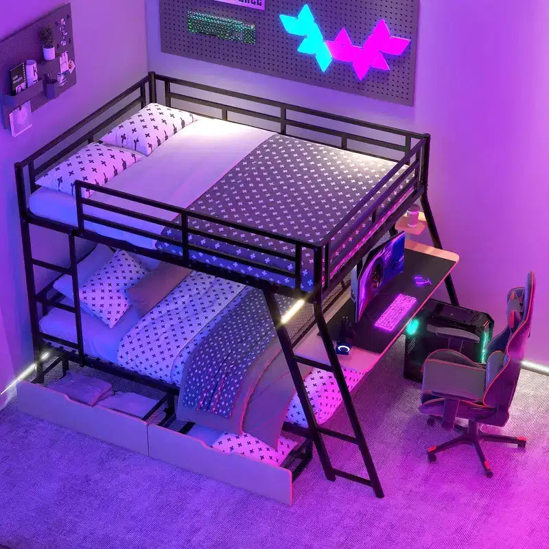Lit superposé en métal double de taille normale avec bureau, lit superposé en métal robuste double avec lumière et 2 tiroirs, noir