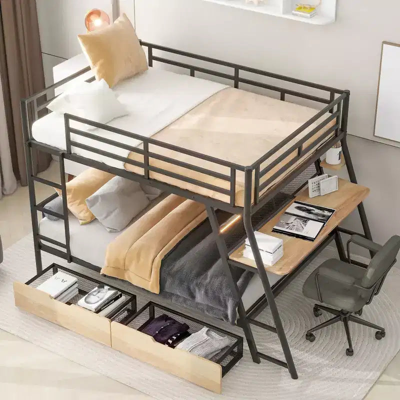 Lit superposé en métal double de taille normale avec bureau, lit superposé en métal robuste double avec lumière et 2 tiroirs, noir