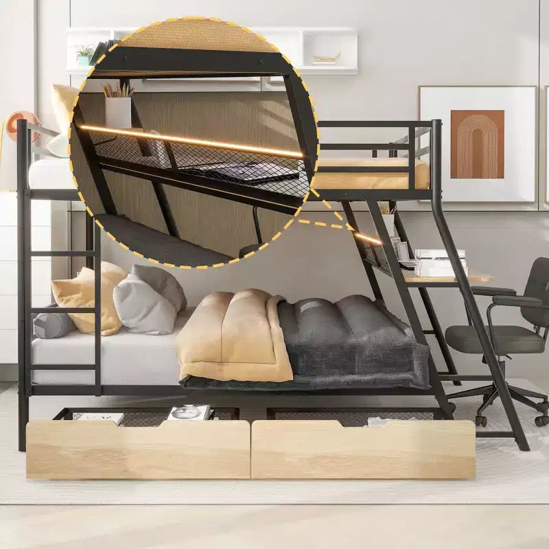 Lit superposé en métal double de taille normale avec bureau, lit superposé en métal robuste double avec lumière et 2 tiroirs, noir