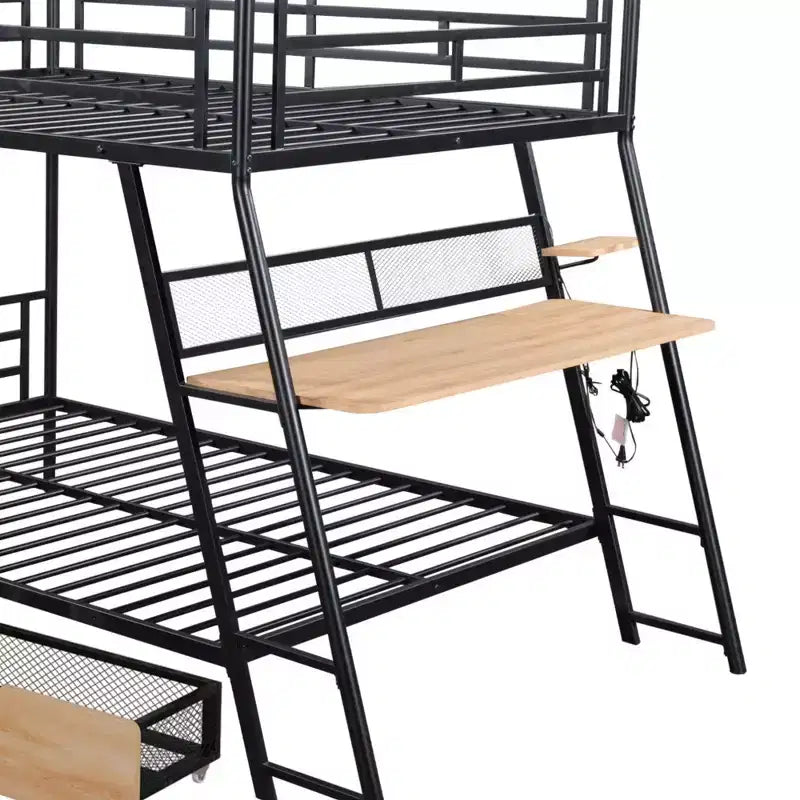 Lit superposé en métal double de taille normale avec bureau, lit superposé en métal robuste double avec lumière et 2 tiroirs, noir
