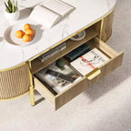 Table basse cannelée moderne COZONY avec tiroir, dessus ovale en faux marbre de 48" et pieds dorés pour salon