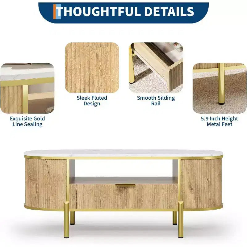 Table basse cannelée moderne COZONY avec tiroir, dessus ovale en faux marbre de 48" et pieds dorés pour salon