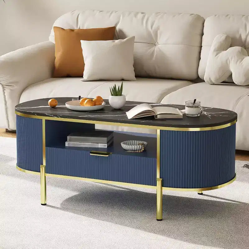 COZONY Modern Fluted Coffee Table with Drawer, 48 Oval Faux Marble Top & Gold Legs for Living Room