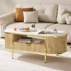 Table basse cannelée moderne COZONY avec tiroir, dessus ovale en faux marbre de 48" et pieds dorés pour salon