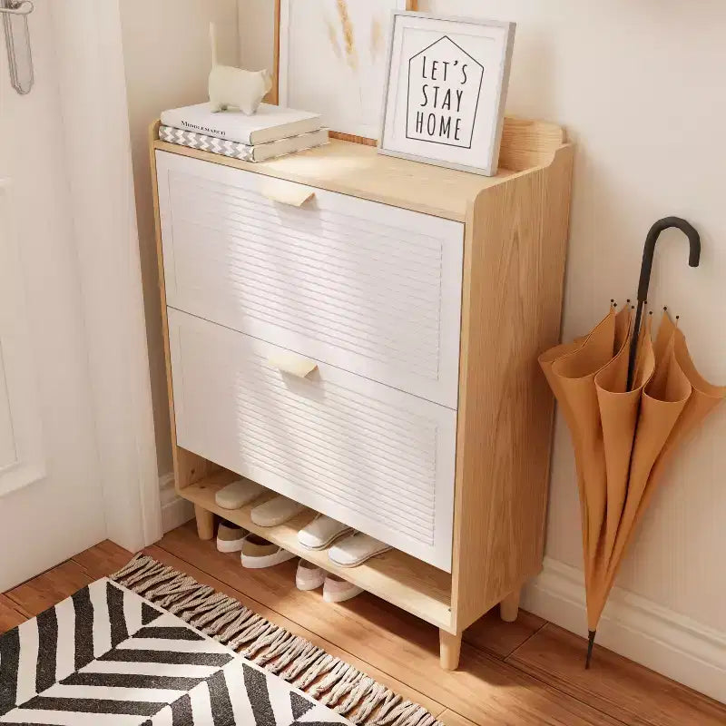Meuble à chaussures Okak, étagère à chaussures avec 2 tiroirs basculants et pieds en bois naturel, organisateur de rangement mince pour couloir, entrée