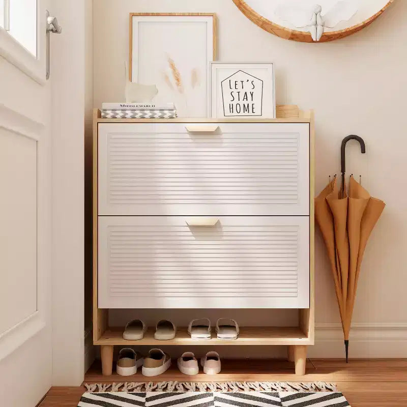 Meuble à chaussures Okak, étagère à chaussures avec 2 tiroirs basculants et pieds en bois naturel, organisateur de rangement mince pour couloir, entrée
