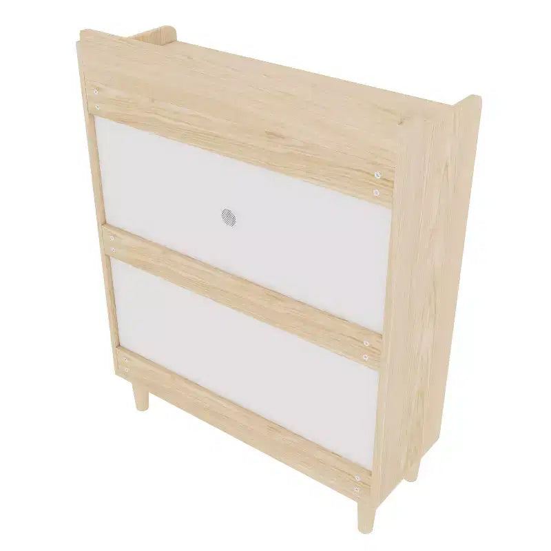 Meuble à chaussures Okak, étagère à chaussures avec 2 tiroirs basculants et pieds en bois naturel, organisateur de rangement mince pour couloir, entrée