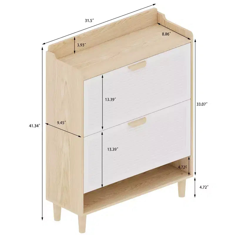 Meuble à chaussures Okak, étagère à chaussures avec 2 tiroirs basculants et pieds en bois naturel, organisateur de rangement mince pour couloir, entrée