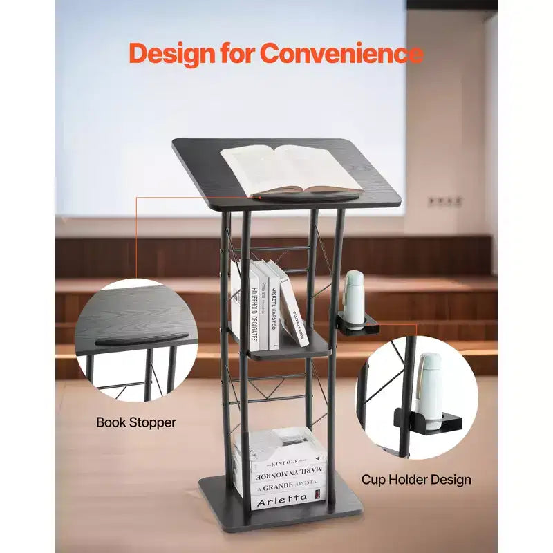 Support de pupitre VEVOR, lutrin métallique de 119 cm, pupitre debout incurvé avec large surface de lecture, compartiment de rangement ouvert, butée de livre, noir