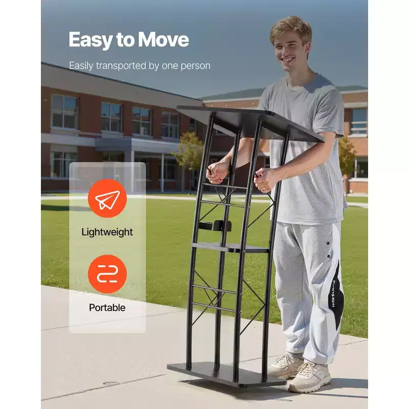 Support de pupitre VEVOR, lutrin métallique de 119 cm, pupitre debout incurvé avec large surface de lecture, compartiment de rangement ouvert, butée de livre, noir