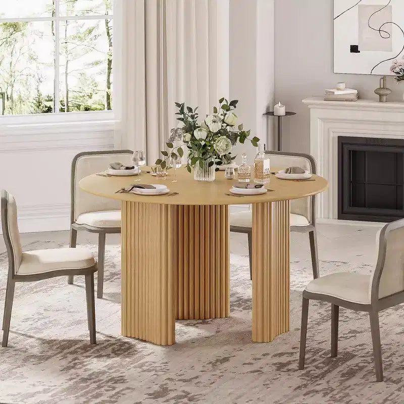 PexFix Table de salle à manger ronde 117 cm pour 4 personnes avec plateau à bords arqués et pieds cannelés pour salon salle à manger café bureau Naturel