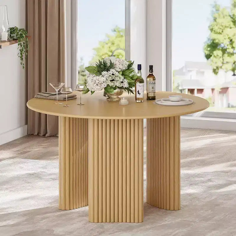 PexFix Table de salle à manger ronde 117 cm pour 4 personnes avec plateau à bords arqués et pieds cannelés pour salon salle à manger café bureau Naturel