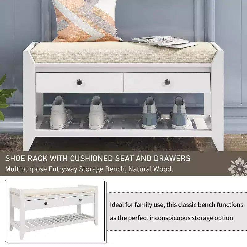 Banc de rangement de 99 cm avec 2 tiroirs et porte-chaussures ouvert, banc d'entrée avec siège rembourré
