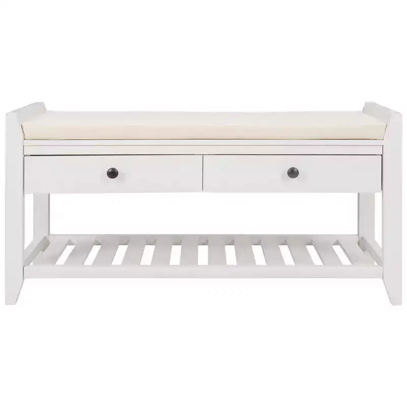 Banc de rangement de 99 cm avec 2 tiroirs et porte-chaussures ouvert, banc d'entrée avec siège rembourré