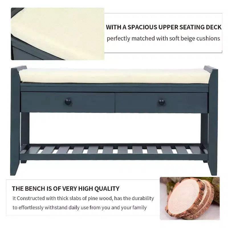 Banc de rangement de 99 cm avec 2 tiroirs et porte-chaussures ouvert, banc d'entrée avec siège rembourré
