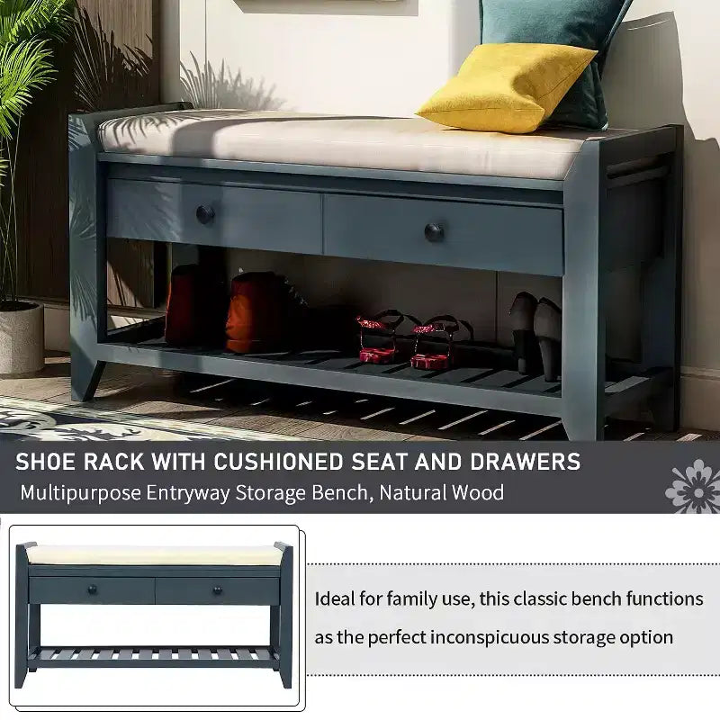 Banc de rangement de 99 cm avec 2 tiroirs et porte-chaussures ouvert, banc d'entrée avec siège rembourré