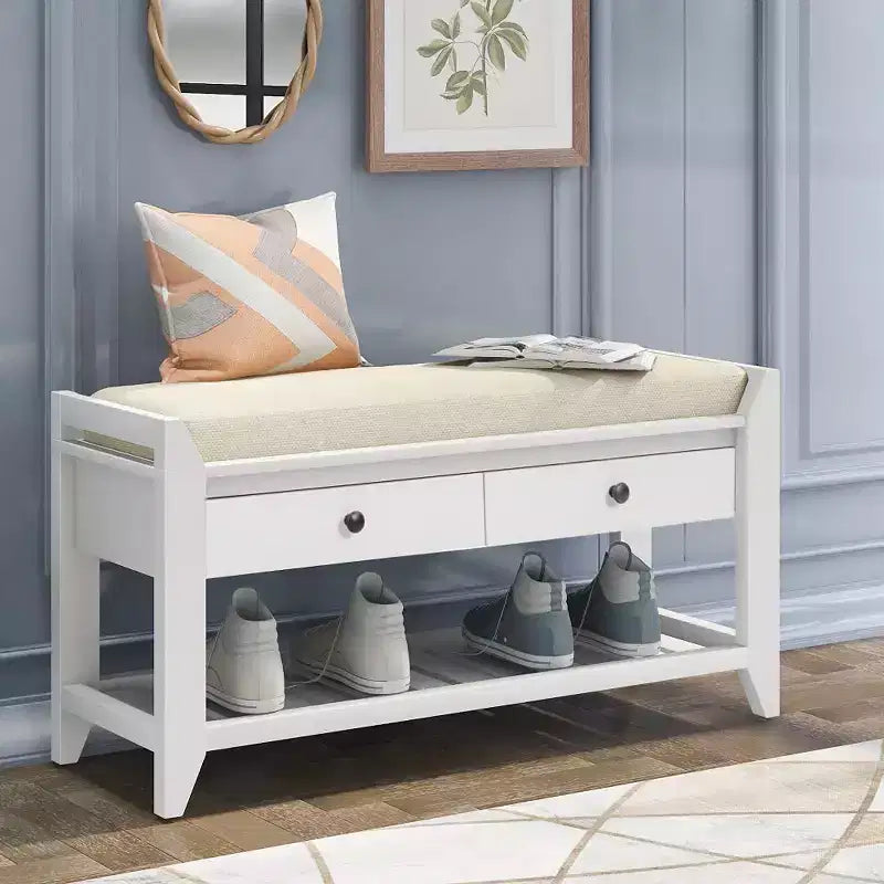 Banc de rangement de 99 cm avec 2 tiroirs et porte-chaussures ouvert, banc d'entrée avec siège rembourré