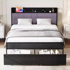 Acekool Queen Bed Frame with Storage Drawers, Upholstered Headboard, Metal Platform, Charging Station, 2-Tier Shelf, Black