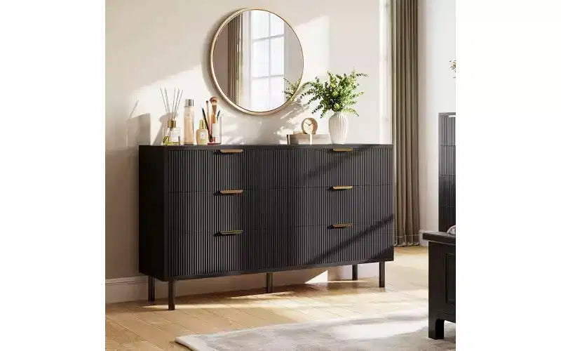Commode GustoWave 6 tiroirs cannelés, commode avec poignées et pieds en métal, meuble TV en bois, meuble de rangement pour vêtements
