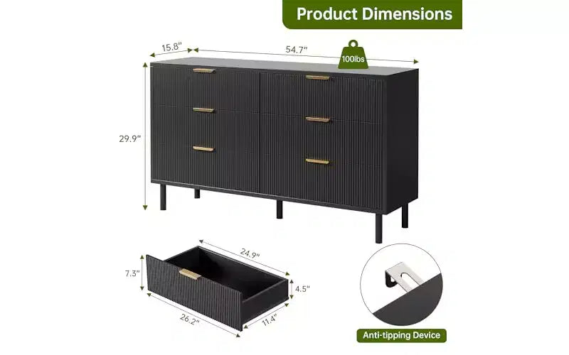 Commode GustoWave 6 tiroirs cannelés, commode avec poignées et pieds en métal, meuble TV en bois, meuble de rangement pour vêtements