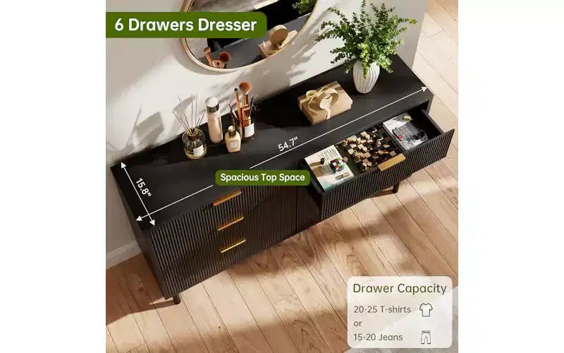 Commode GustoWave 6 tiroirs cannelés, commode avec poignées et pieds en métal, meuble TV en bois, meuble de rangement pour vêtements