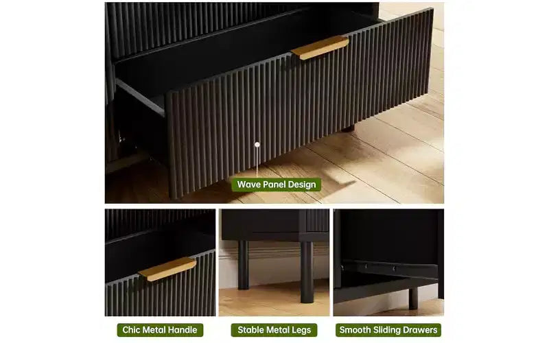 Commode GustoWave 6 tiroirs cannelés, commode avec poignées et pieds en métal, meuble TV en bois, meuble de rangement pour vêtements