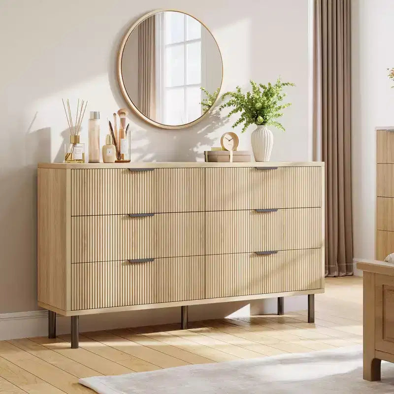 Commode GustoWave 6 tiroirs cannelés, commode avec poignées et pieds en métal, meuble TV en bois, meuble de rangement pour vêtements