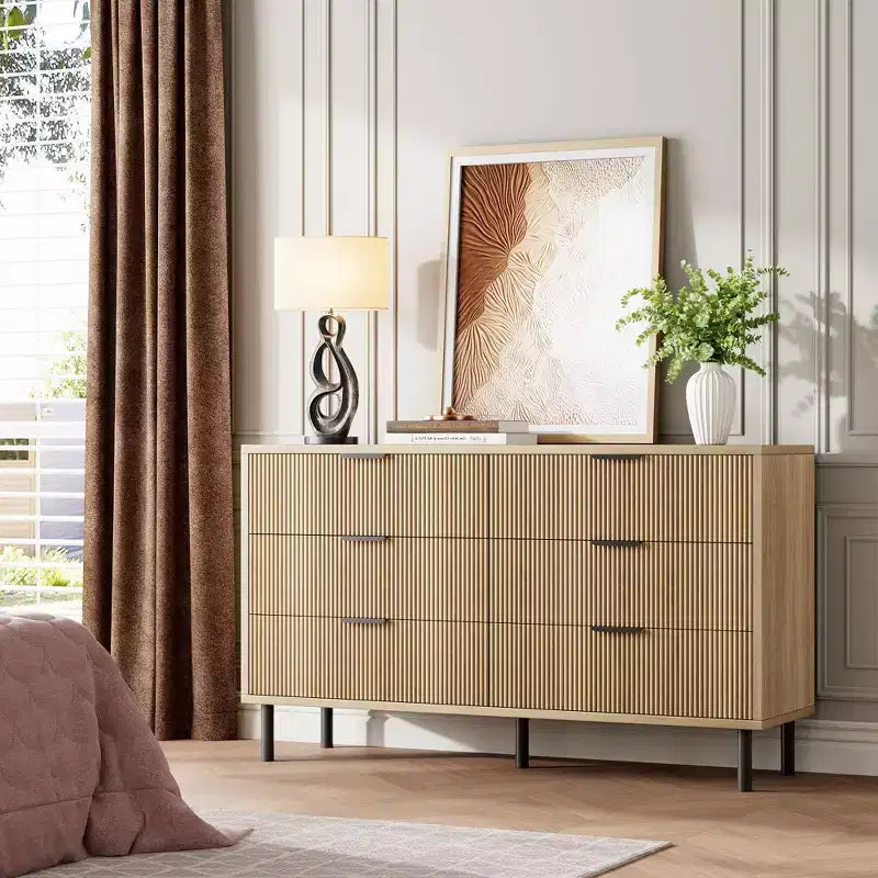 Commode GustoWave 6 tiroirs cannelés, commode avec poignées et pieds en métal, meuble TV en bois, meuble de rangement pour vêtements