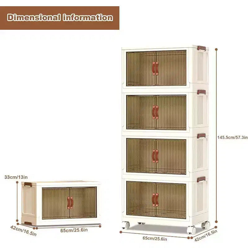 Acekool Boîtes de rangement empilables en plastique à 4 niveaux avec roulettes, 68 L Boîtes de rangement pliables avec portes translucides et loquets magnétiques