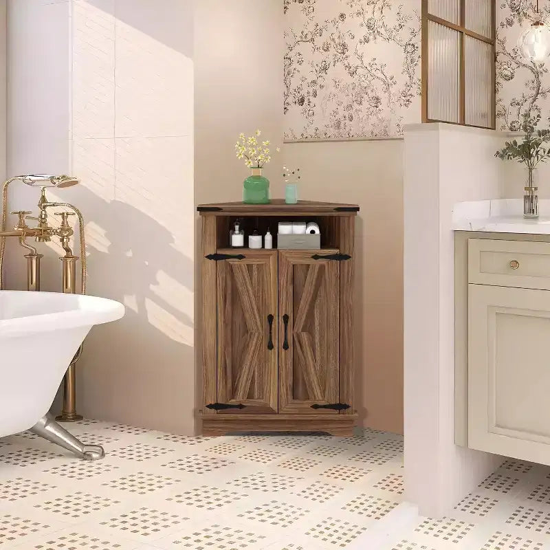 Meuble de Salle de Bain de Ferme avec Rangement Petit Meuble d'Angle avec Portes Coulissantes et Étagère Réglable pour Petits Espaces, Cuisine, Salon