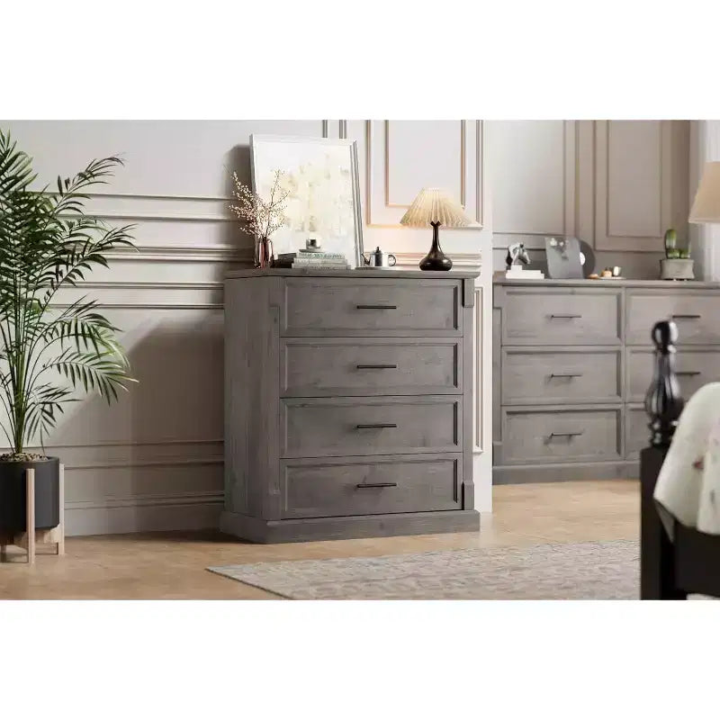 Commode de ferme à 4 tiroirs pour chambre à coucher, commode haute avec poignées en métal, commode rustique en bois pouvant servir de meuble TV, pour salon, couloir