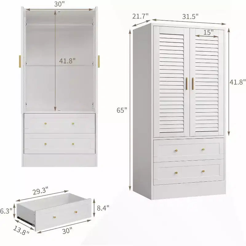 Armoire de 65 po avec tringle de suspension, armoire de rangement moderne à 2 portes et 2 tiroirs, pour chambre à coucher, vestiaire