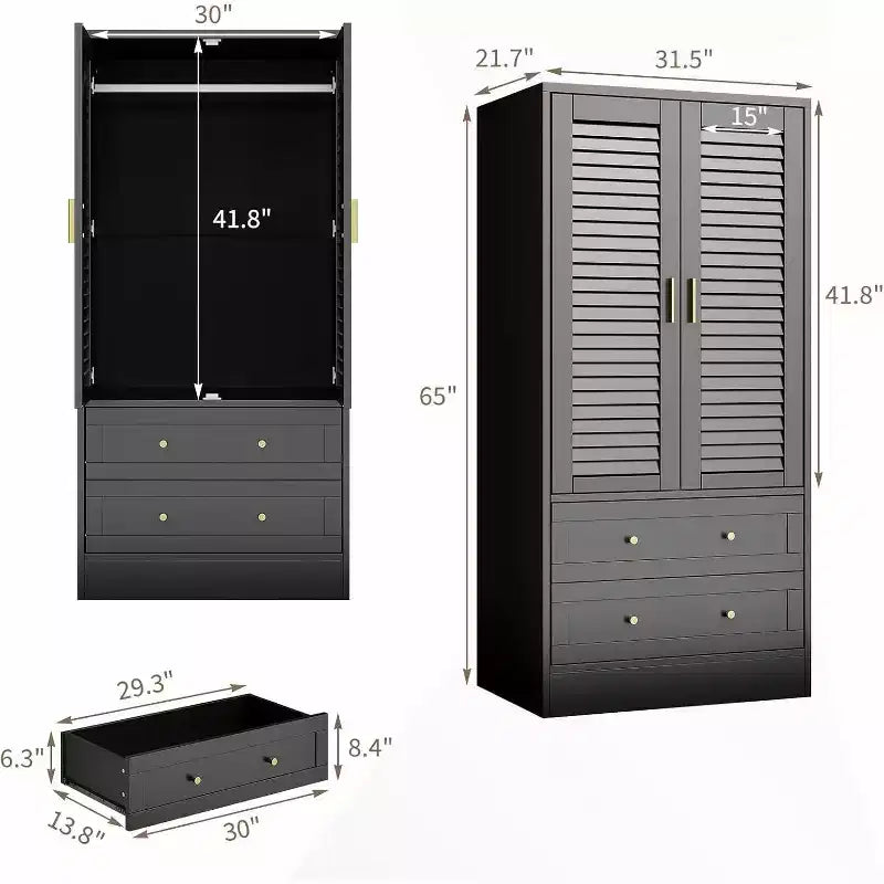 Armoire de 65 po avec tringle de suspension, armoire de rangement moderne à 2 portes et 2 tiroirs, pour chambre à coucher, vestiaire