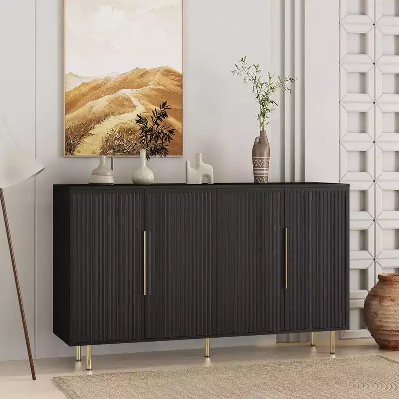 Buffet moderne Okak, meuble de rangement avec portes cannelées et étagères réglables, buffet d'appoint pour salon, entrée, couloir, cuisine