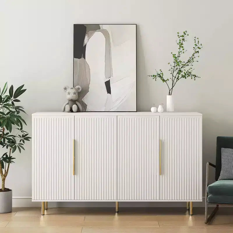 Buffet moderne Okak, meuble de rangement avec portes cannelées et étagères réglables, buffet d'appoint pour salon, entrée, couloir, cuisine