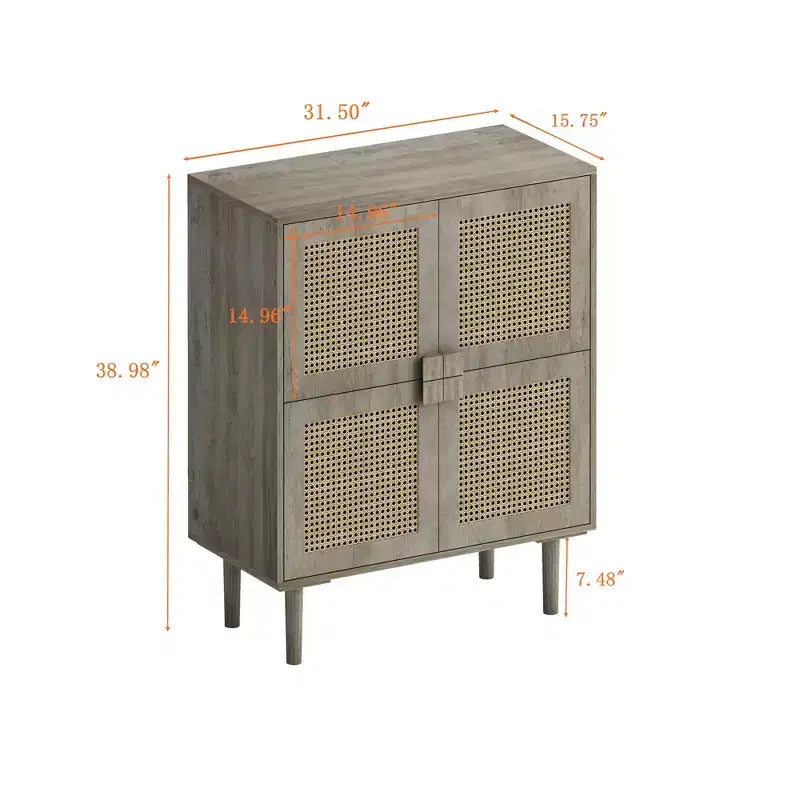 Buffet de rangement Okak en rotin avec 4 portes et 8 étagères, meuble de rangement pour salon, salle à manger, cuisine