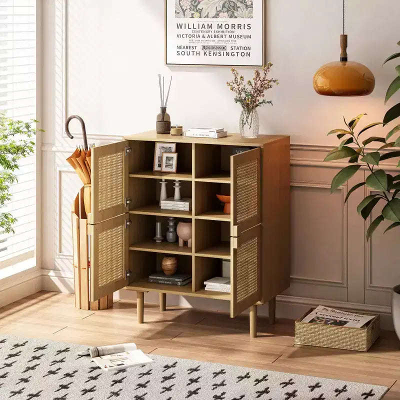 Buffet de rangement Okak en rotin avec 4 portes et 8 étagères, meuble de rangement pour salon, salle à manger, cuisine