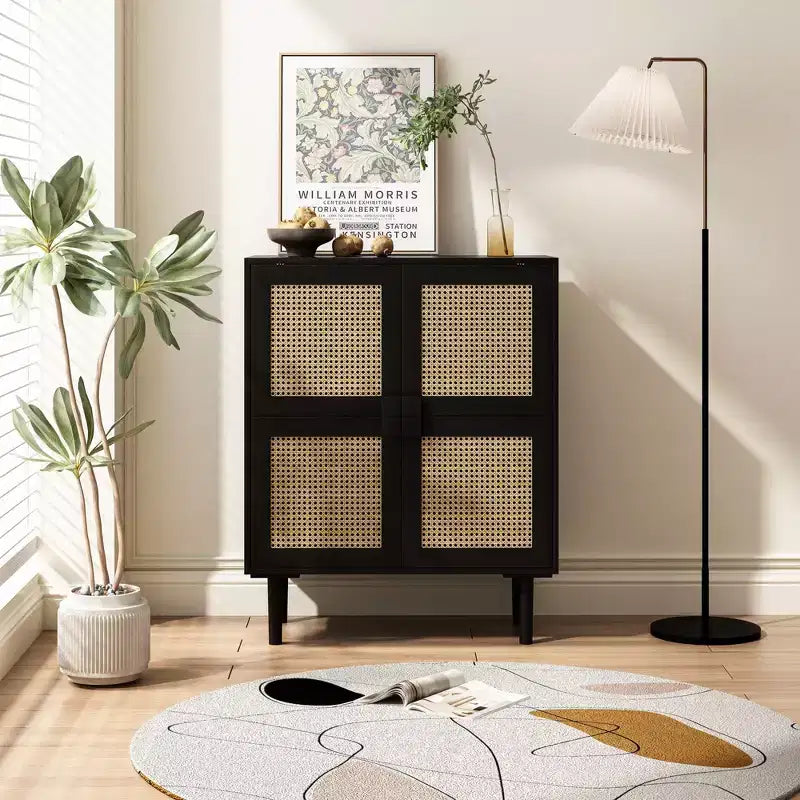 Buffet de rangement Okak en rotin avec 4 portes et 8 étagères, meuble de rangement pour salon, salle à manger, cuisine