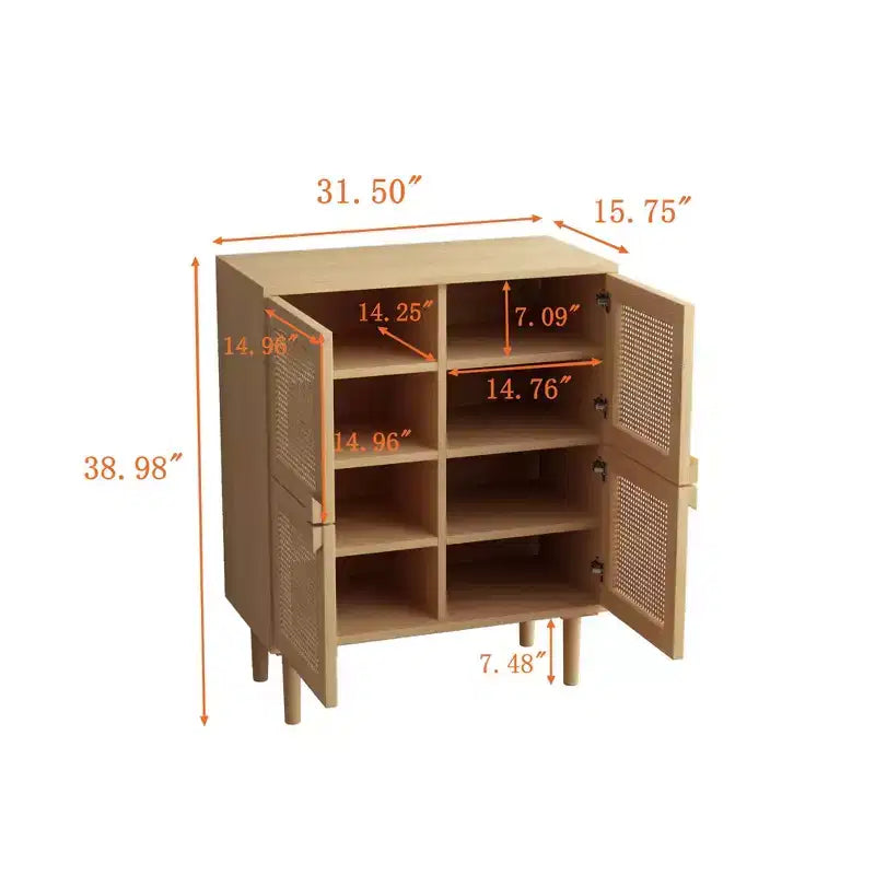 Buffet de rangement Okak en rotin avec 4 portes et 8 étagères, meuble de rangement pour salon, salle à manger, cuisine