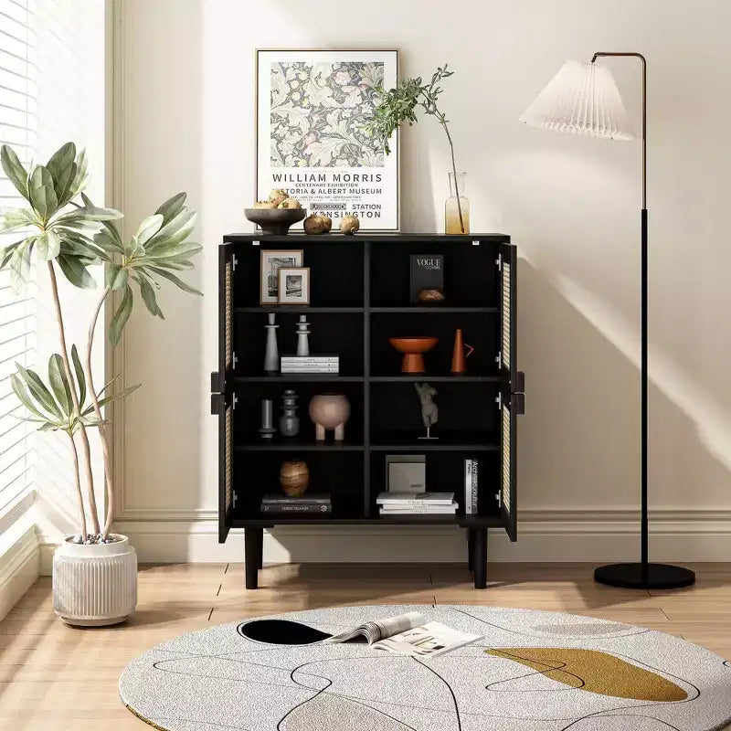 Buffet de rangement Okak en rotin avec 4 portes et 8 étagères, meuble de rangement pour salon, salle à manger, cuisine