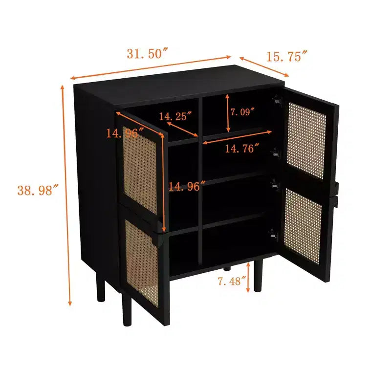 Buffet de rangement Okak en rotin avec 4 portes et 8 étagères, meuble de rangement pour salon, salle à manger, cuisine