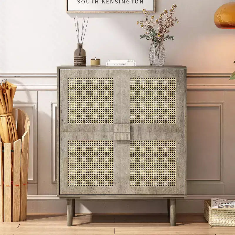 Buffet de rangement Okak en rotin avec 4 portes et 8 étagères, meuble de rangement pour salon, salle à manger, cuisine